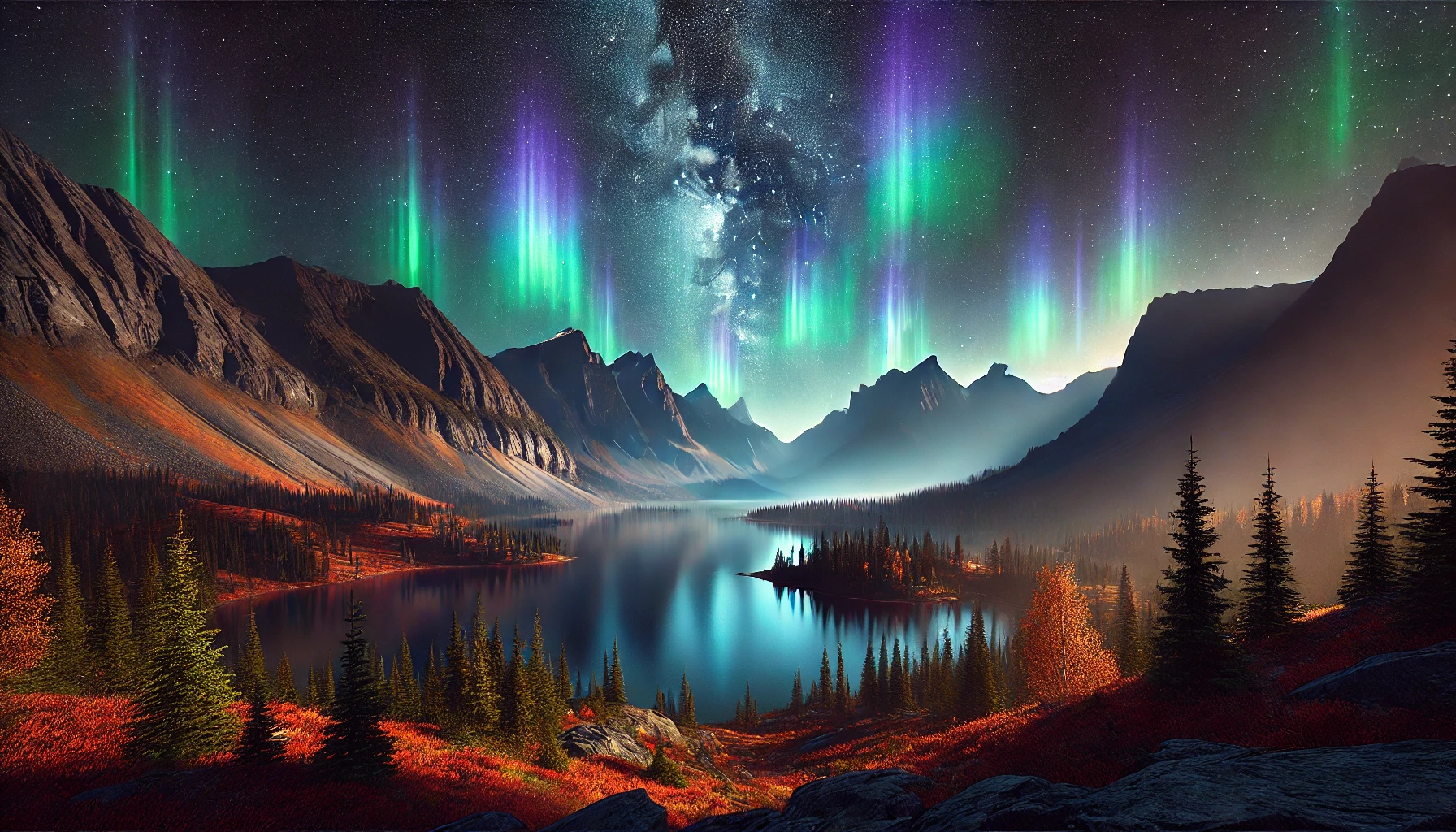 Aurora borealis lights up a serene mountain lake at night.